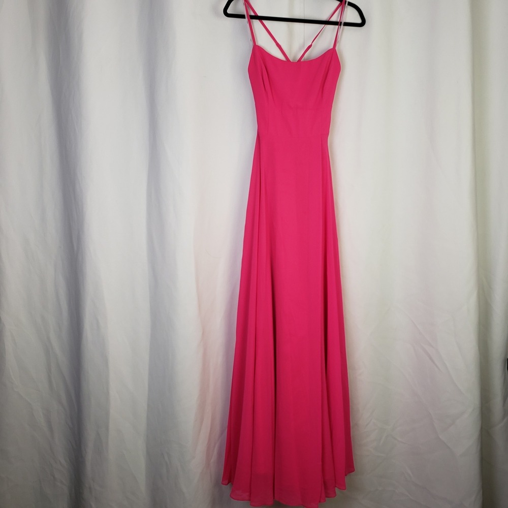 Lulus M Dreamy Romance Hot Pink Backless Maxi Dress Square Neck High Slit Gown - Picture 3 of 10